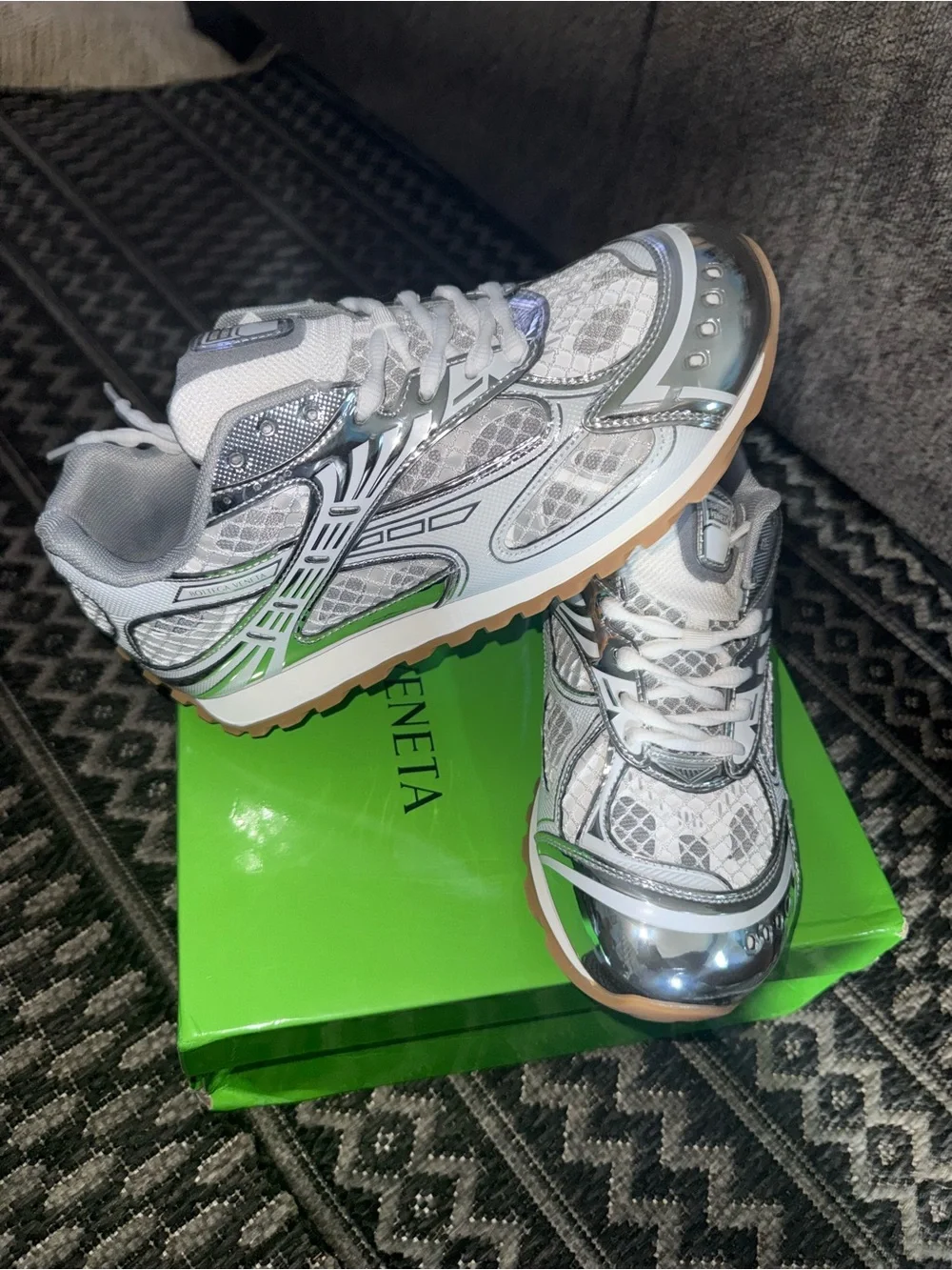 Bottega Veneta White and Silver Mesh Chunky Sneakers